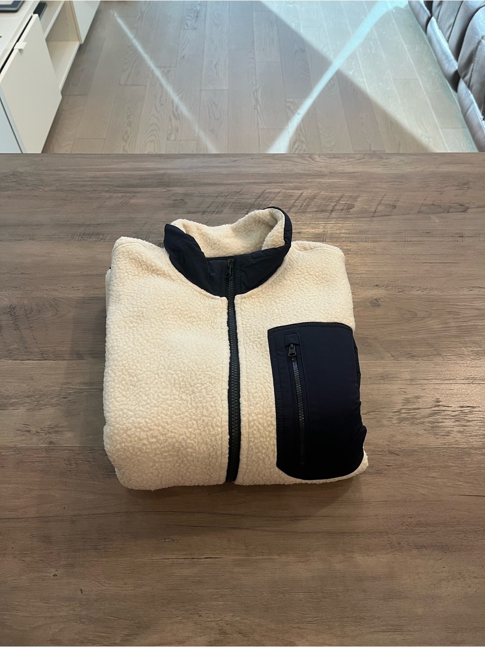 Men's Cream Sherpa Fleece Jacket with Navy Chest Pocket